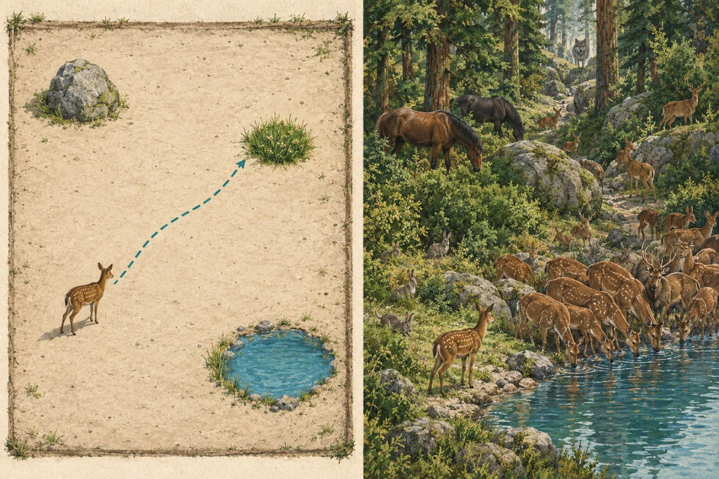 On the left an empty stand with one task, on the right the living world with a crowd, competition and a predator
